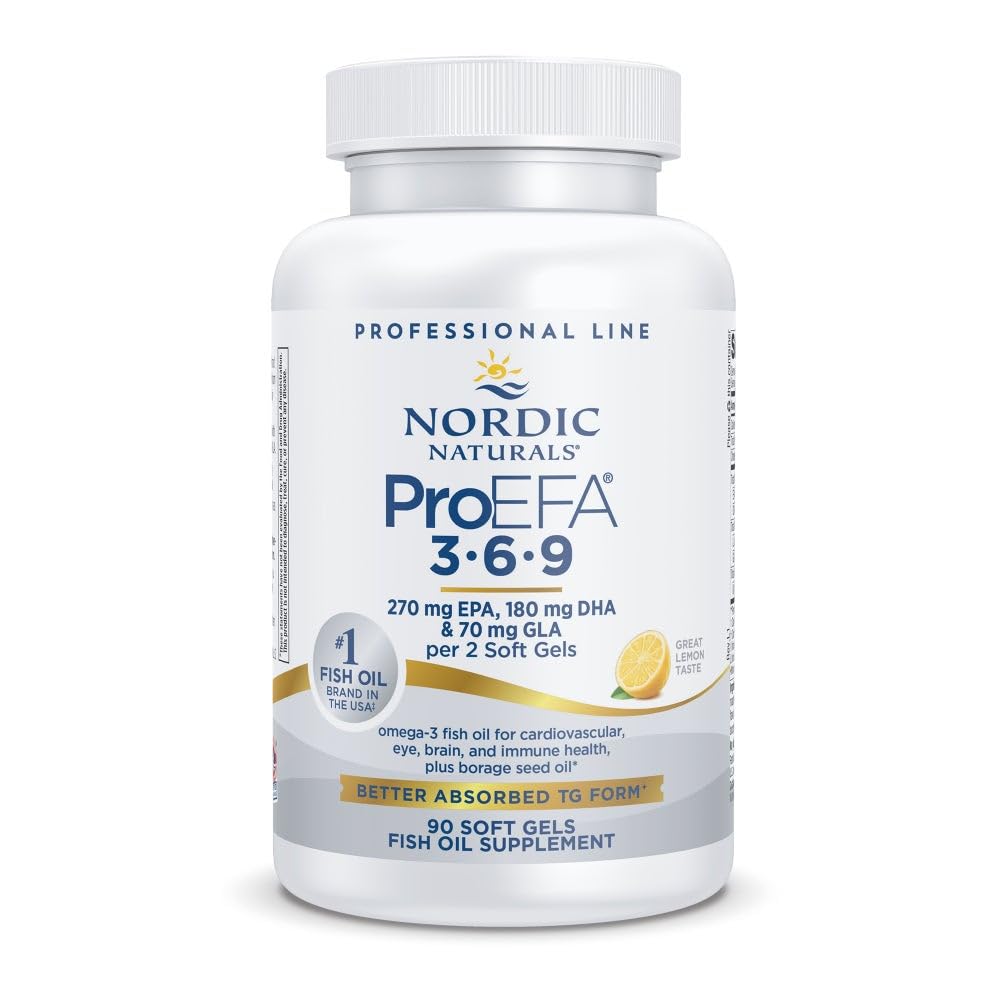 Bottle of Nordic Naturals ProEFA 3-6-9 Lemon Soft Gels with label