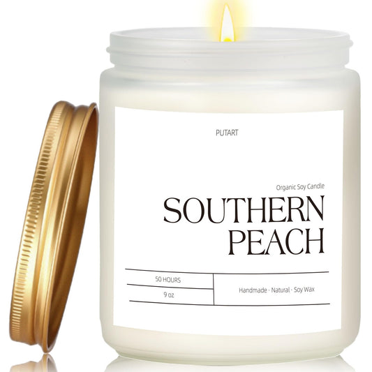 Putart Peach Scented Candle in frosted glass jar with gold lid - front view