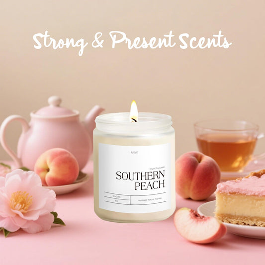 Close-up of the 9oz peach scented candle in a frosted jar