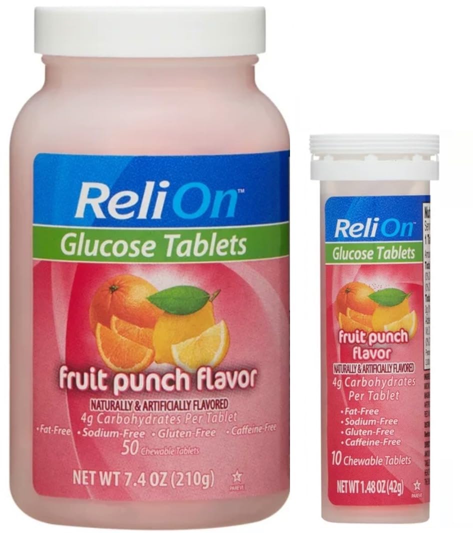 Bottle of ReliOn Glucose with 50 tablets, Fruit Punch flavor