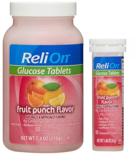 Bottle of ReliOn Glucose with 50 tablets, Fruit Punch flavor