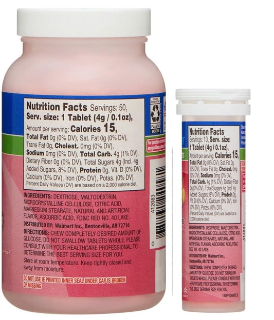 On-the-go tube containing 10 ReliOn Glucose tablets, Fruit Punch flavor