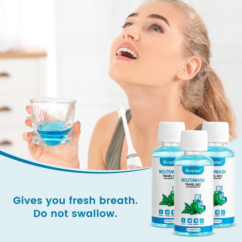 Compact blue mouthwash bottle for travel kits