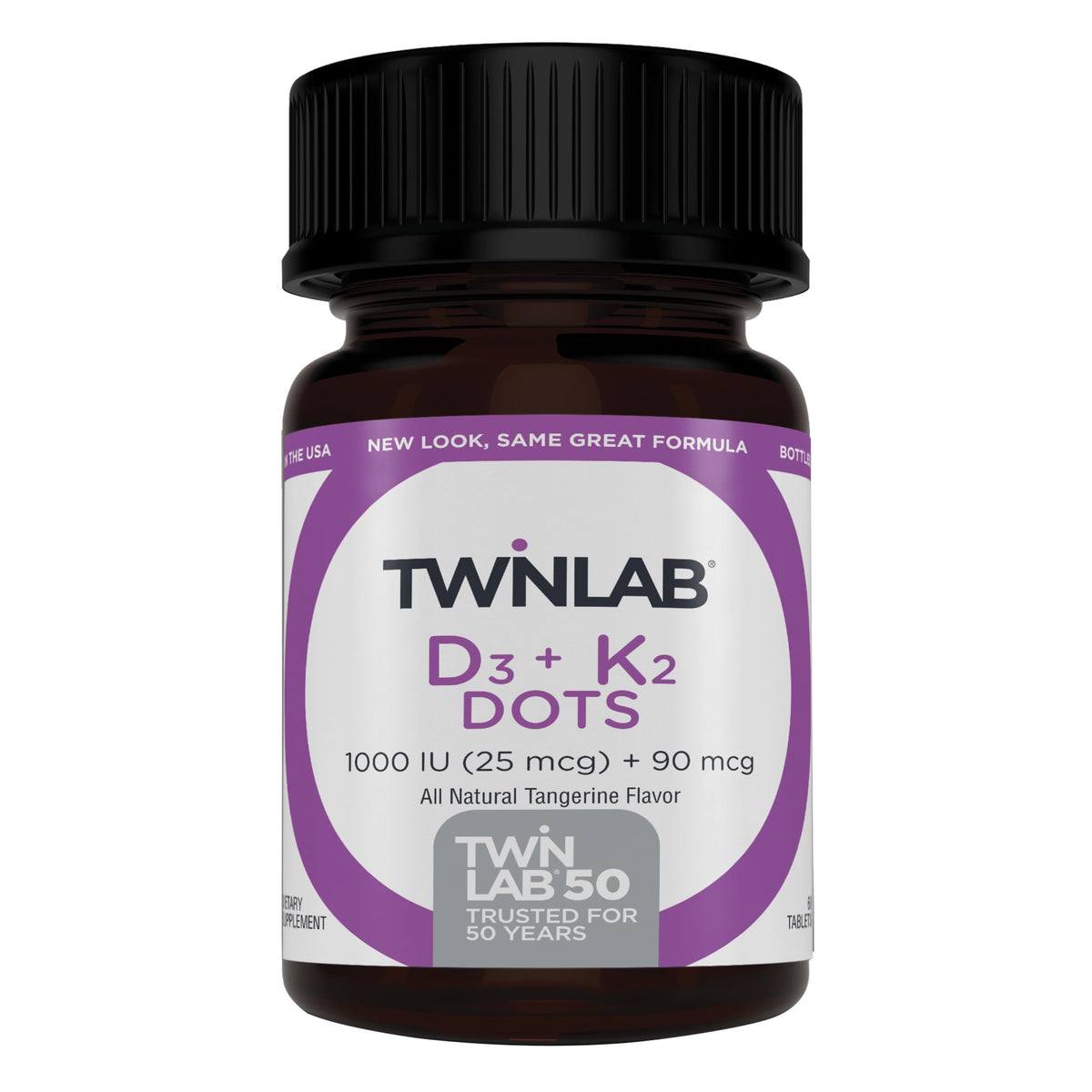 Front view of Twinlab Vitamin D3 1000 + K2 Dots bottle