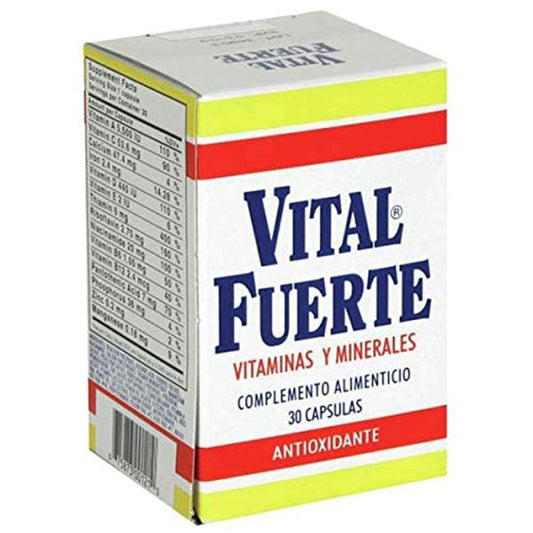 Front view of Vital Fuerte bottle containing 30 capsules