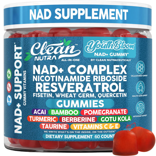 Front view of Youth Bloom NAD+ Gummies bottle