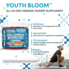 Packaging box for Youth Bloom NAD+ Gummies by Clean Nutra