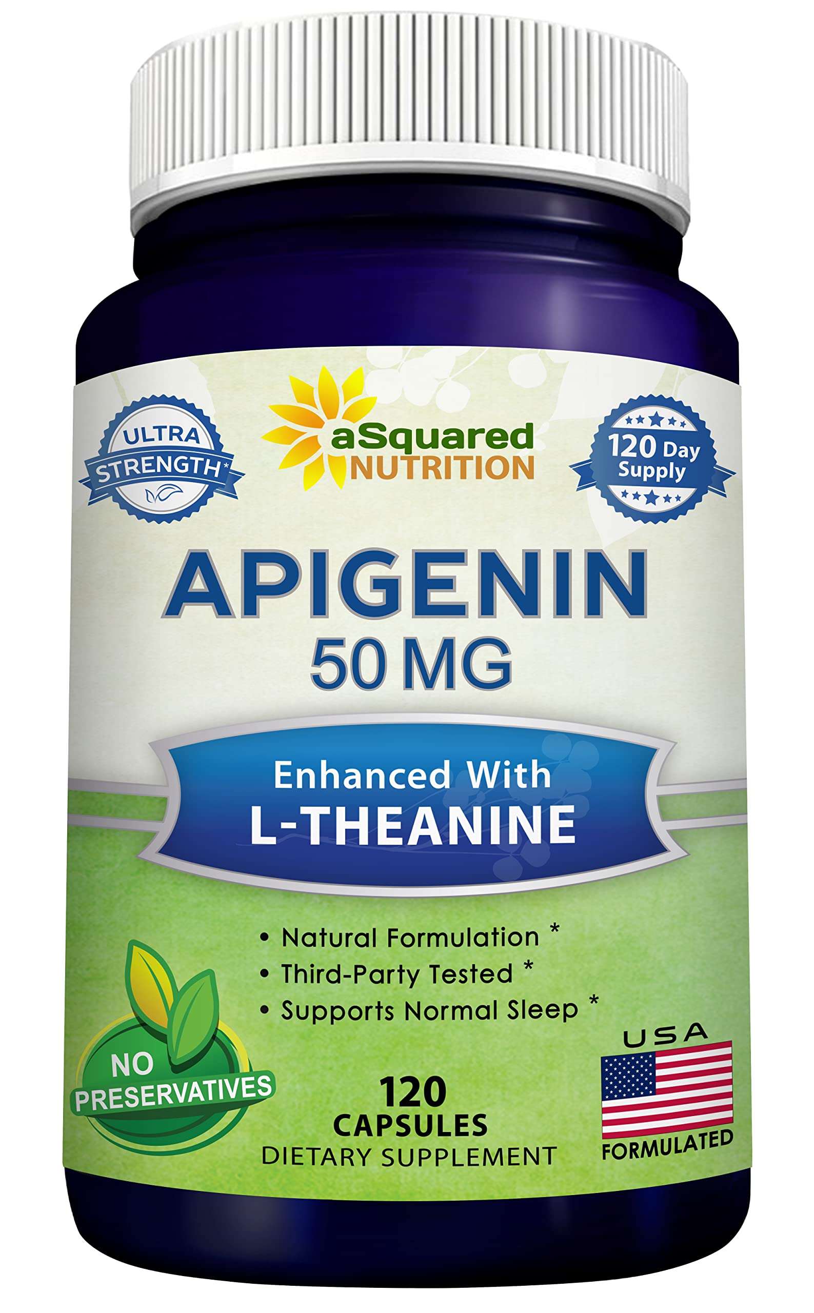 Hero image of aSquared Nutrition Apigenin 50mg + L-Theanine 200mg bottle with 120 capsules