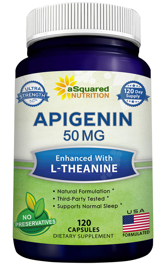 Hero image of aSquared Nutrition Apigenin 50mg + L-Theanine 200mg bottle with 120 capsules