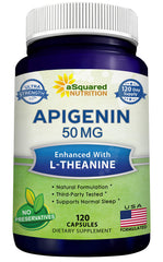 Hero image of aSquared Nutrition Apigenin 50mg + L-Theanine 200mg bottle with 120 capsules