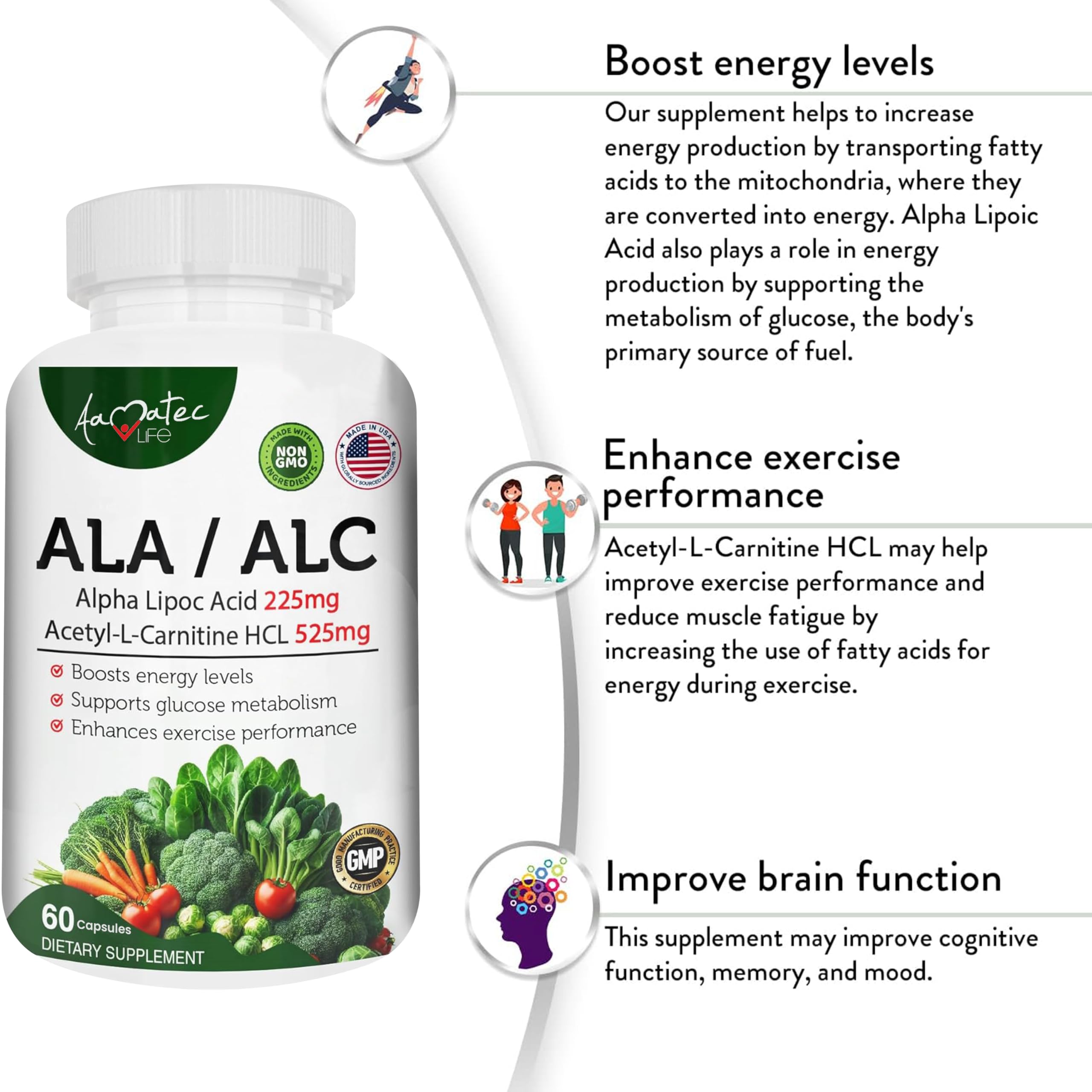 Close-up of AAMATEC LIFE ALA/ALC ingredients label