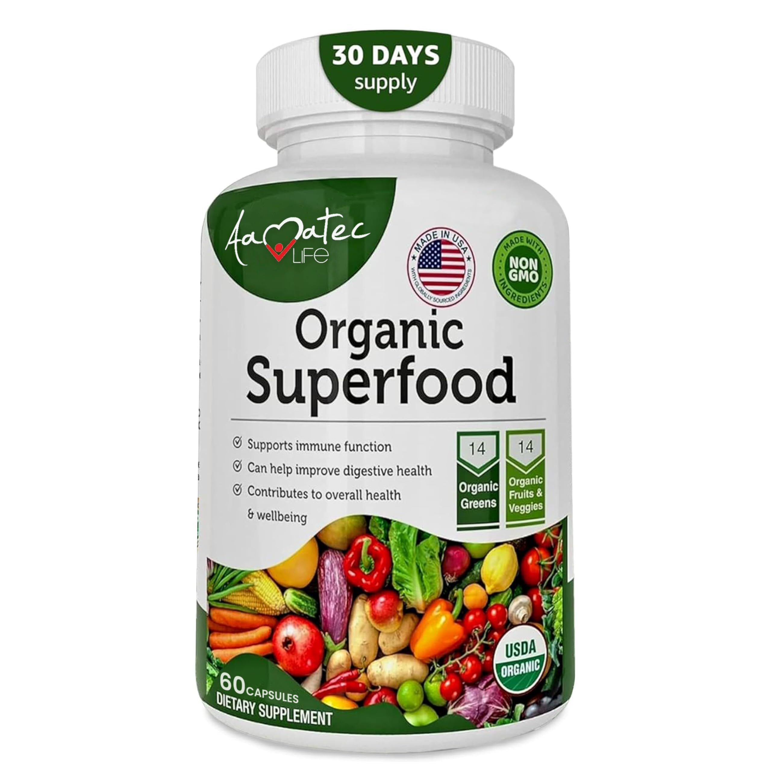 Aamatec Life Organic Superfood bottle with 60 capsules
