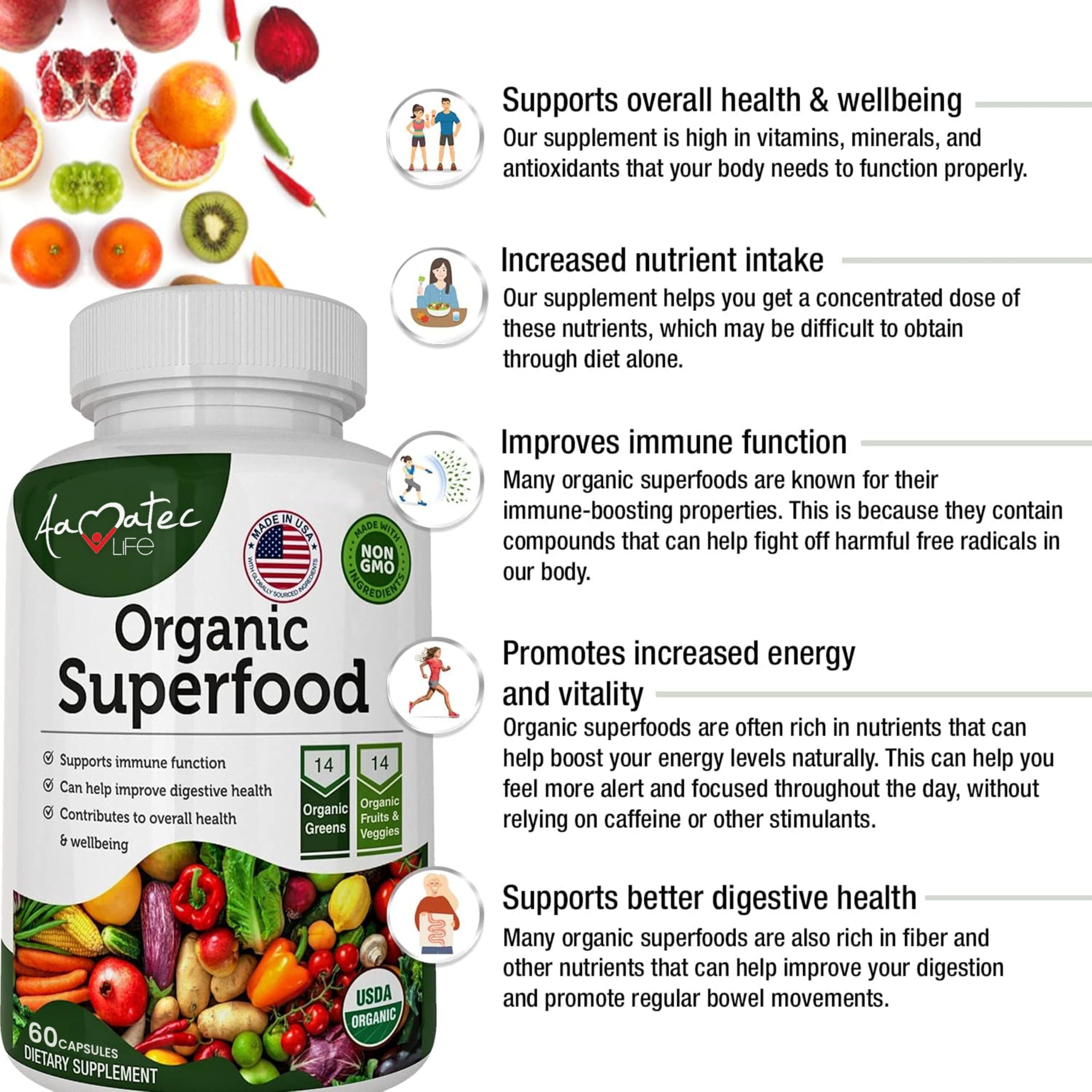 Dietary supplement capsules containing organic greens and fruits
