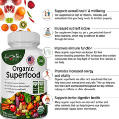 Dietary supplement capsules containing organic greens and fruits