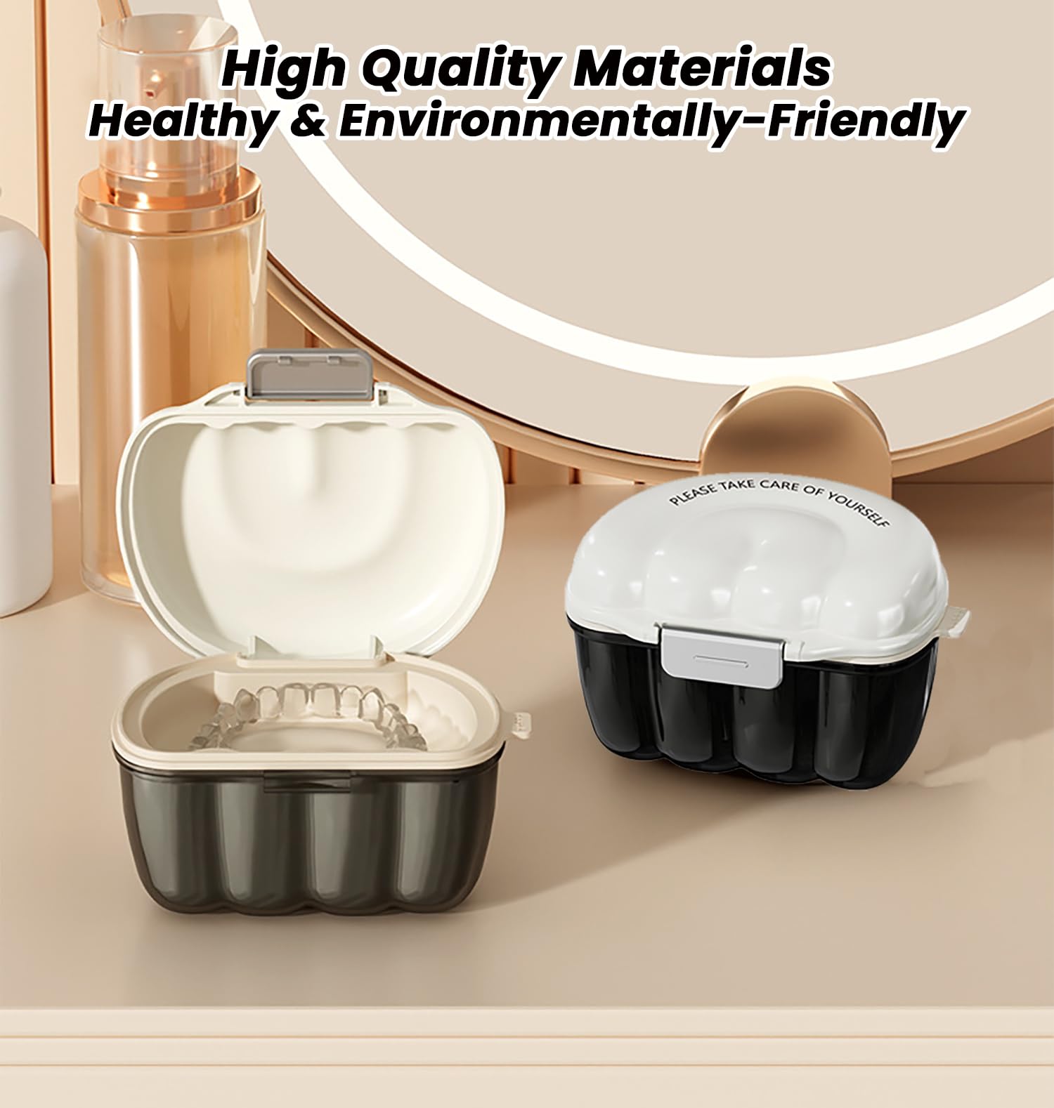 Travel-friendly 2-in-1 denture container with strainer basket