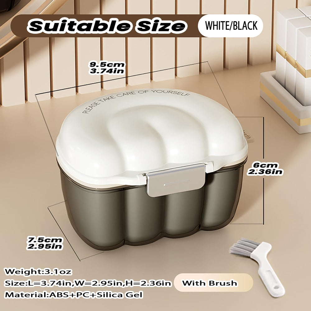 Transparent denture bath case featuring a built-in strainer basket