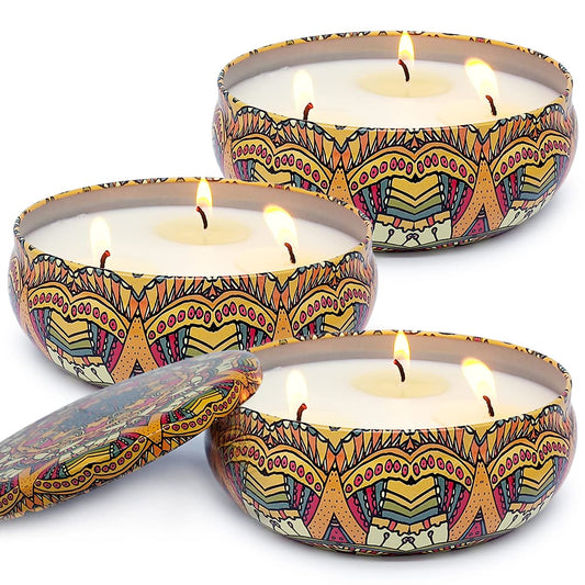 Abarli citronella candle trio in blue and white tin for outdoor patio
