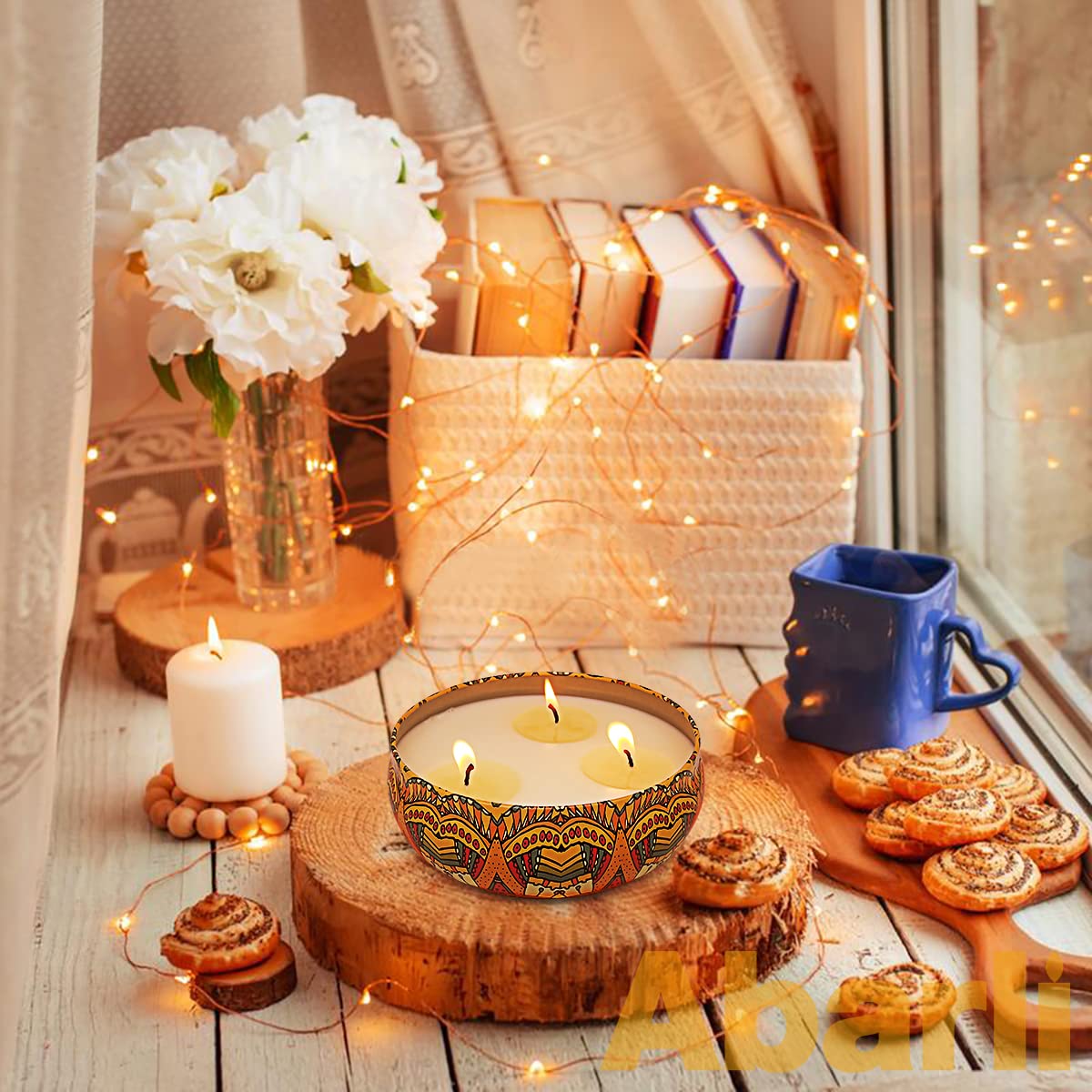 Outdoor dining ambiance with citronella candle on patio
