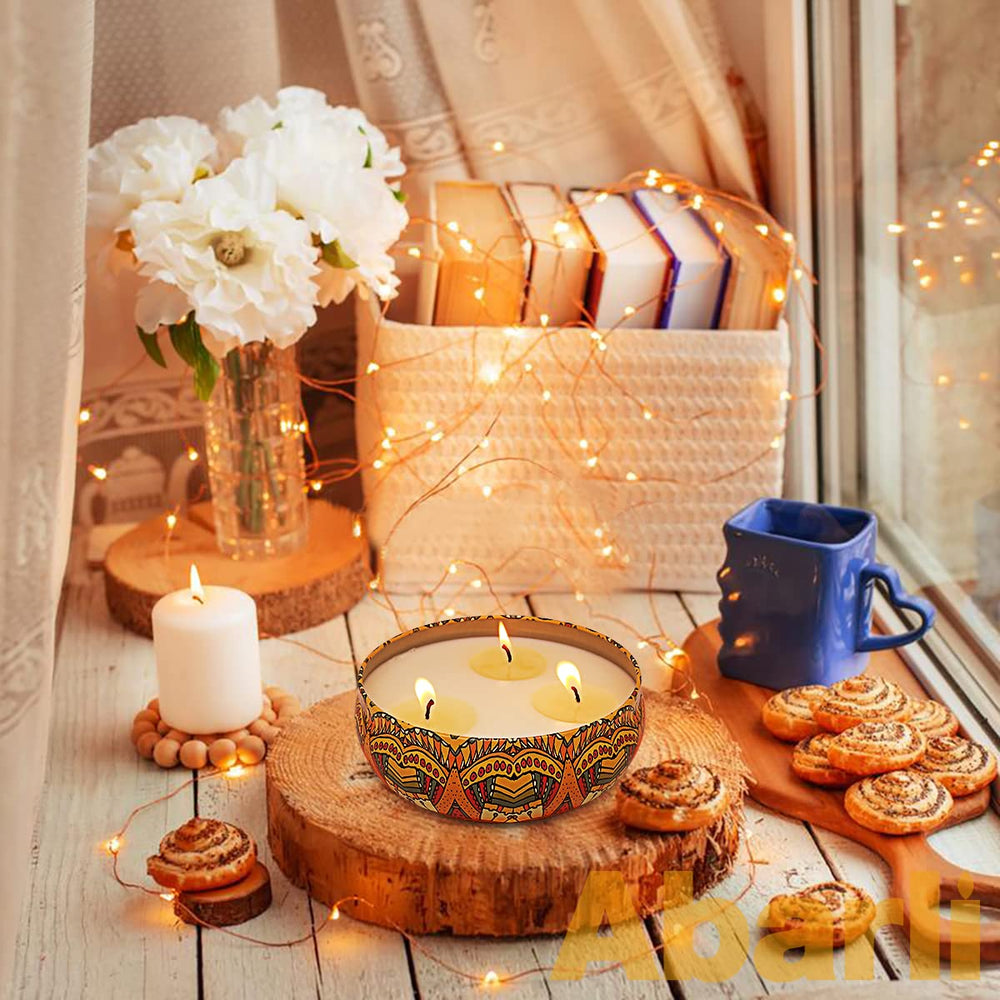 Outdoor dining ambiance with citronella candle on patio