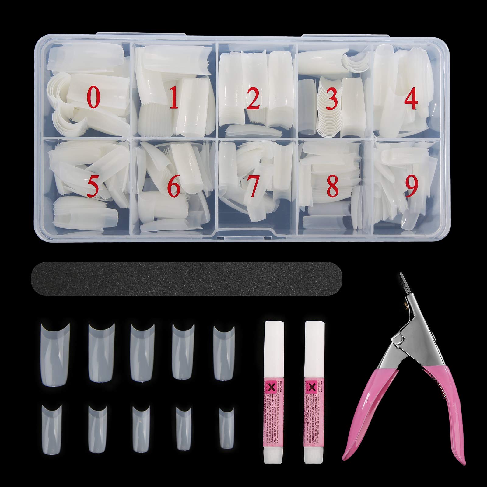 Abodhu acrylic nail tips kit box shows 10 sizes for easy selection