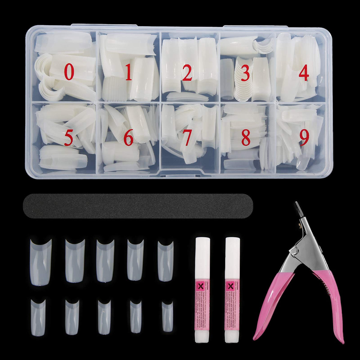 Abodhu acrylic nail tips kit box shows 10 sizes for easy selection