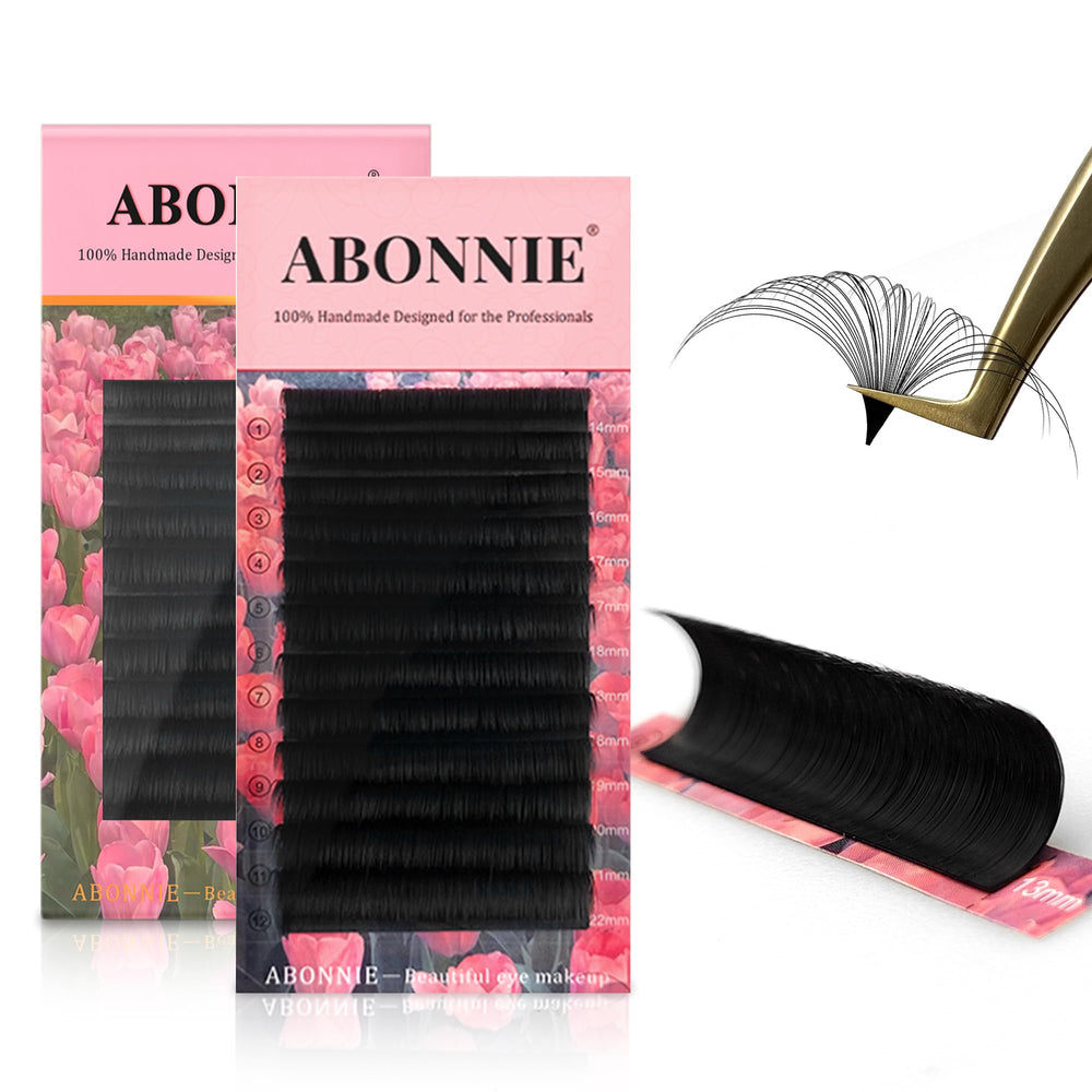 ABONNIE Easy Fan Lash Extensions tray view shows a 12-row pack for quick volume builds