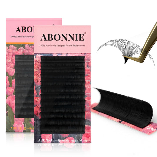 ABONNIE Easy Fan Lash Extensions tray view shows a 12-row pack for quick volume builds