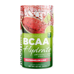 Product label for About Time BCAA Hydration Powder Watermelon Lime