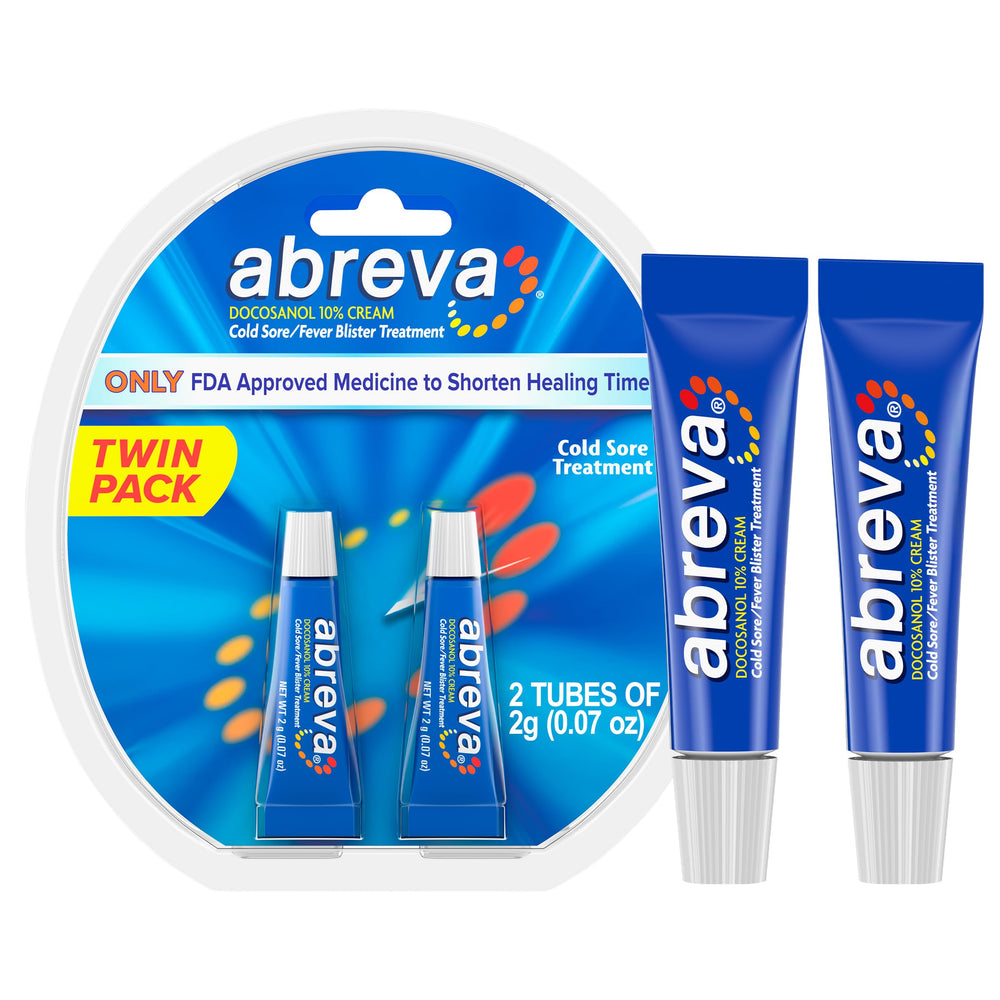 Abreva 10 percent docosanol tube front view for faster cold sore relief.