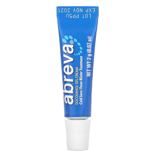 Abreva Cream tube closeup showing portable on-the-go relief