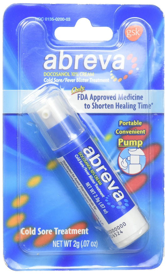 Abreva pump cold-sore-application shows convenient on-the-spot treatment during flare-ups.