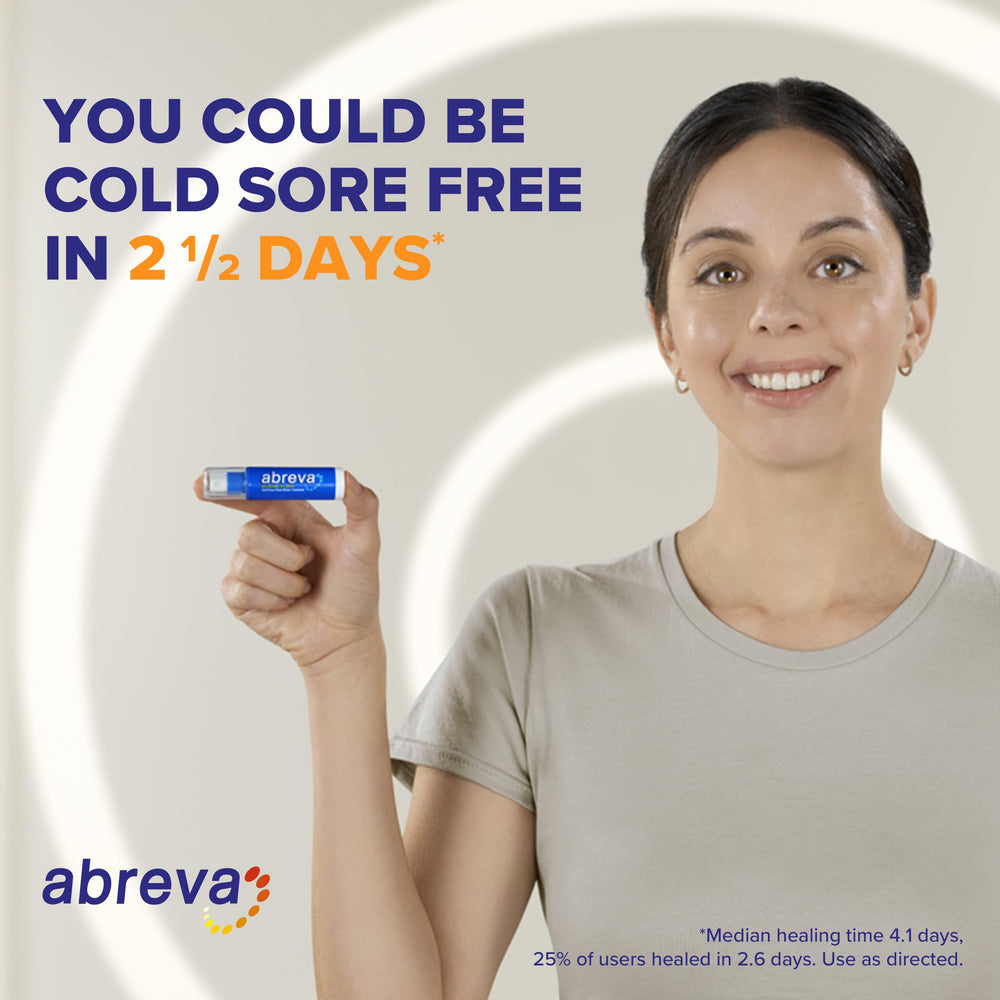 Abreva tube in hand on the go highlights travel-friendly packaging.