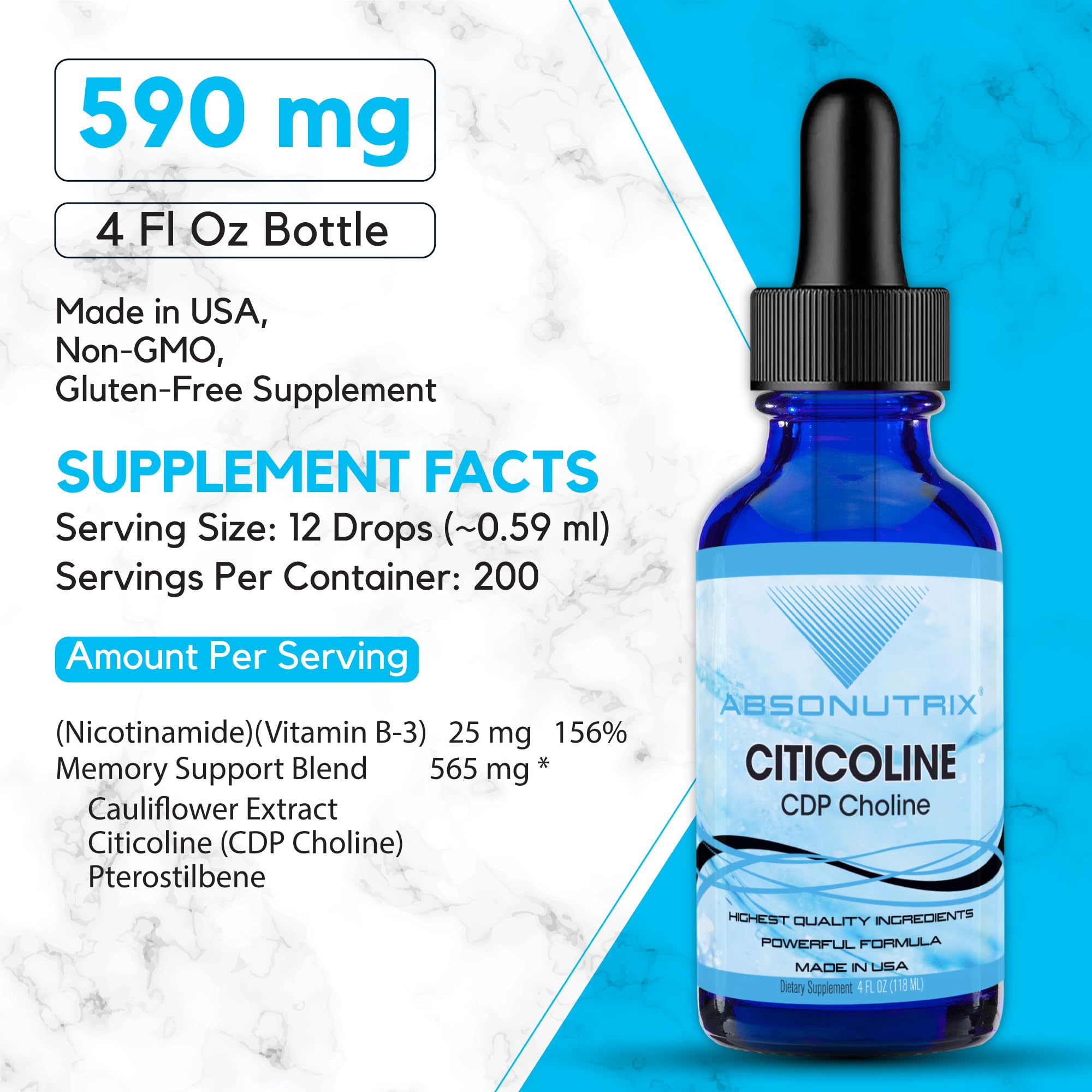 Back label and supplement facts of Absonutrix Citicoline 590 mg bottle