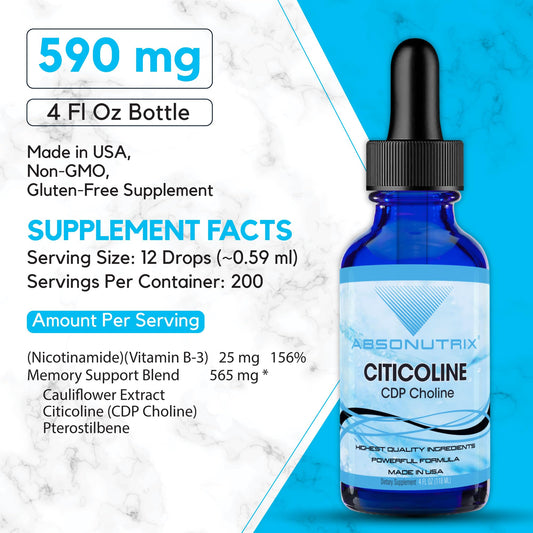 Back label and supplement facts of Absonutrix Citicoline 590 mg bottle