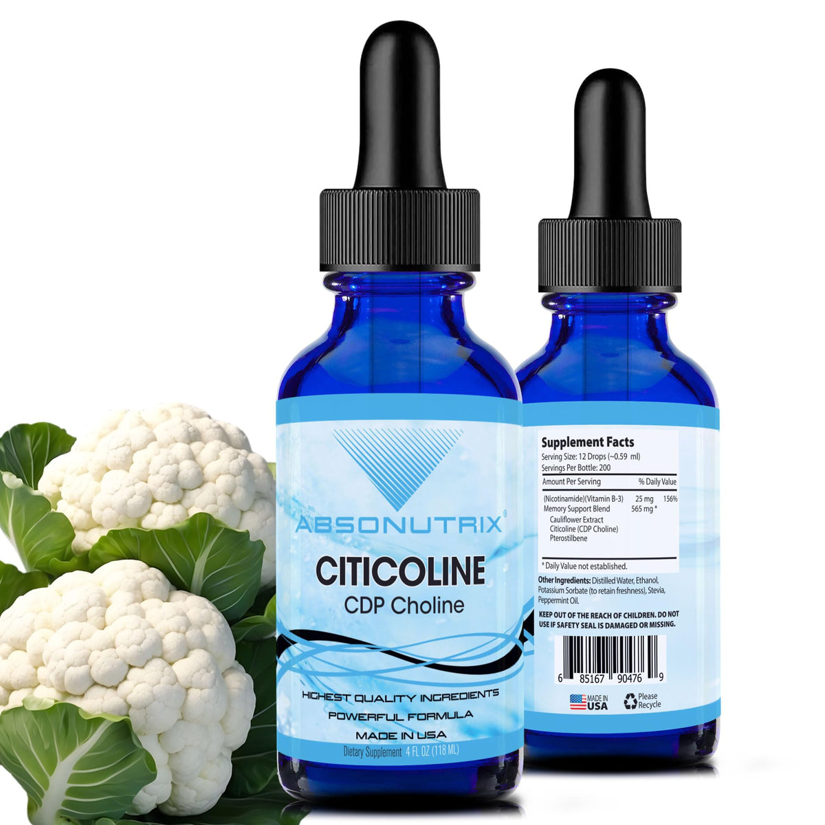 Front view of Absonutrix Citicoline 590 mg bottle, 4 oz