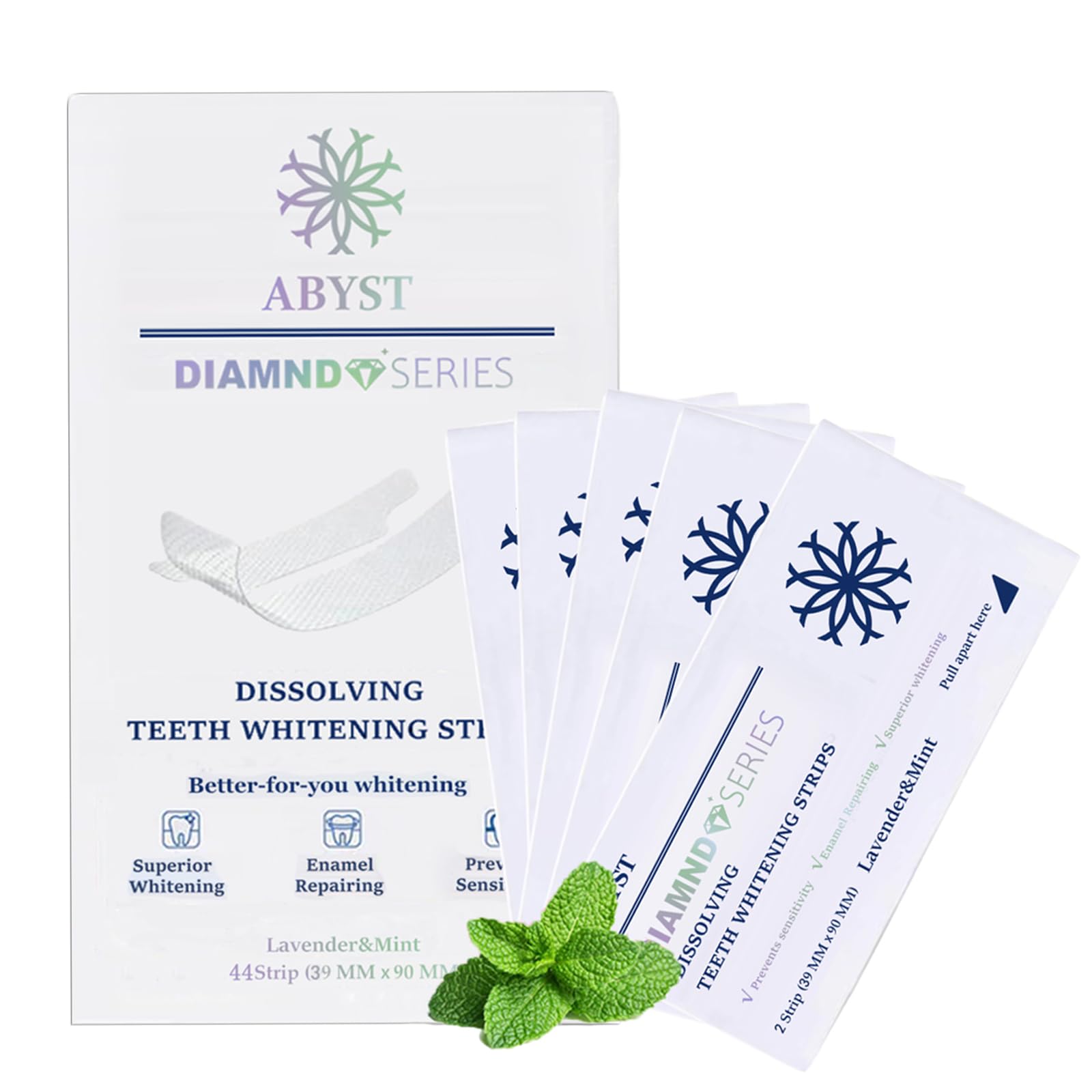 ABYST Diamond Dissolving Teeth Whitening Strips packaging and box