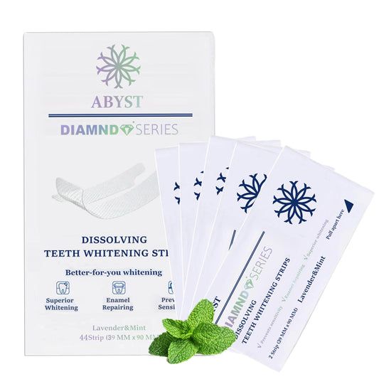 ABYST Diamond Dissolving Teeth Whitening Strips packaging and box