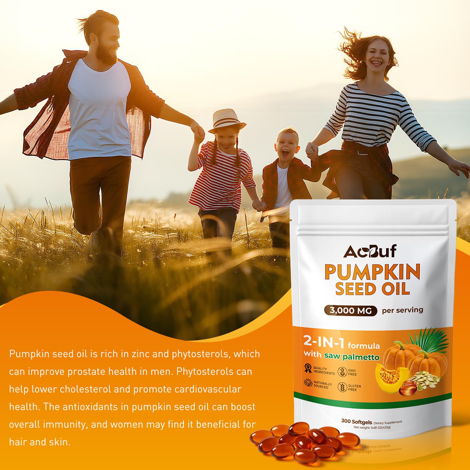 Dosage guide showing 3 softgels per day