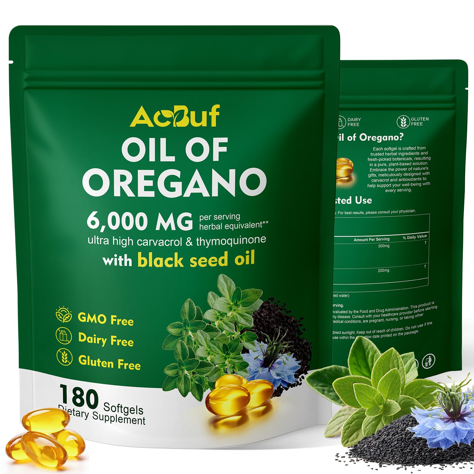 ACBUF Oregano Oil Softgels bottle and label
