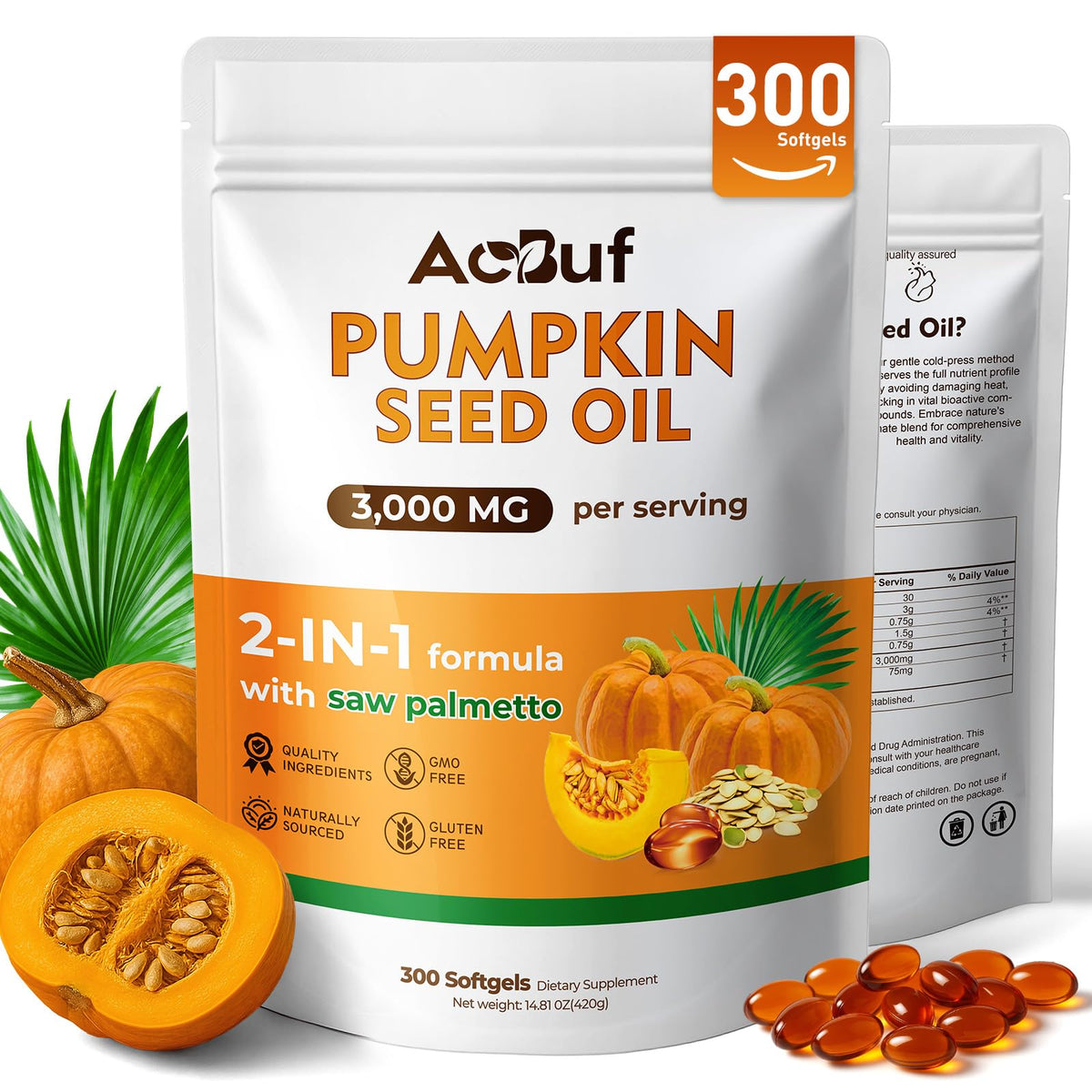 ACBUF pumpkin seed oil with saw palmetto softgels 3000 mg label