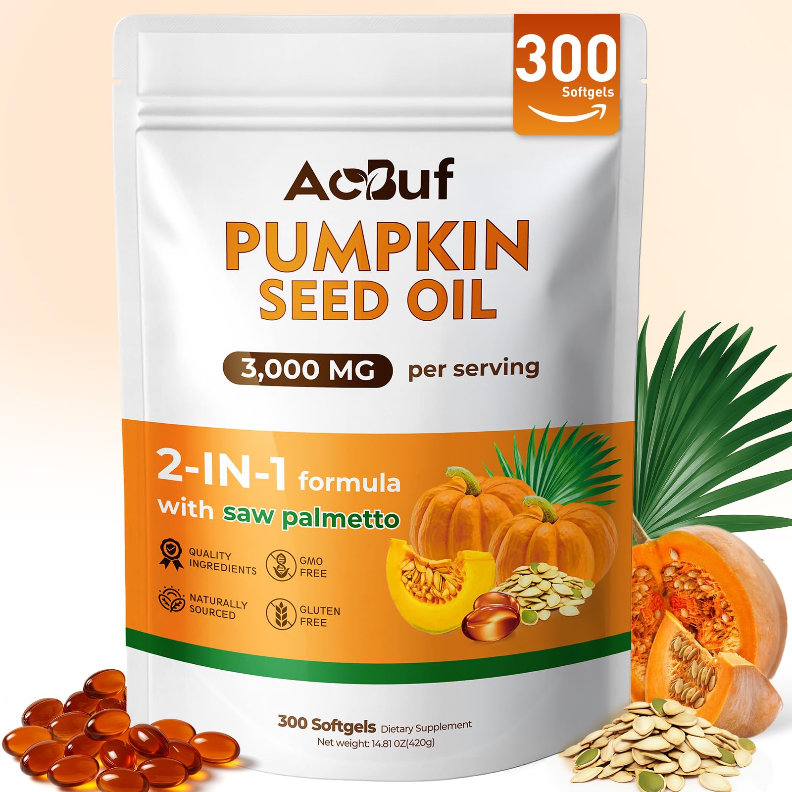 ACBUF pumpkin seed oil with saw palmetto softgels front view