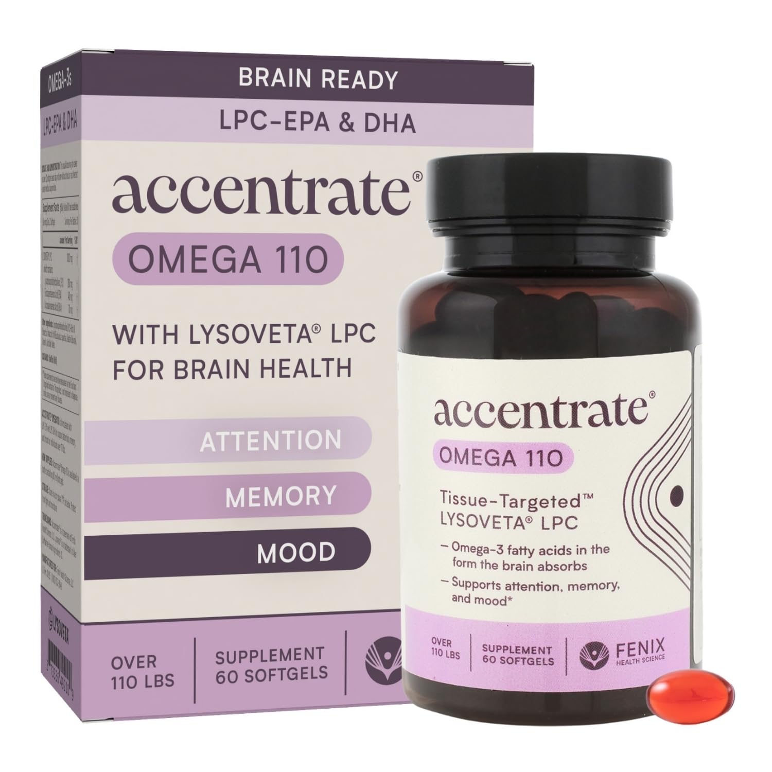 Accentrate Omega-110 bottle showing brain-focused LPC-DHA for support