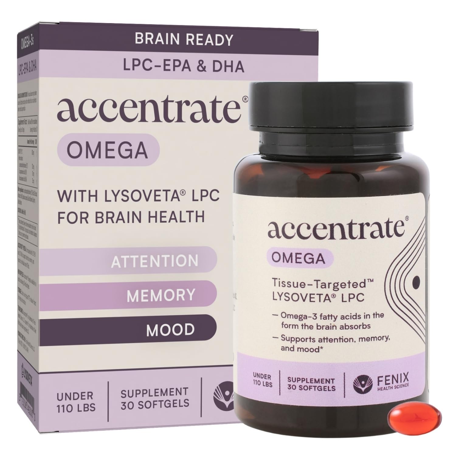 Accentrate Omega w/ LYSOVETA LPC bottle shows brain-absorption focus.