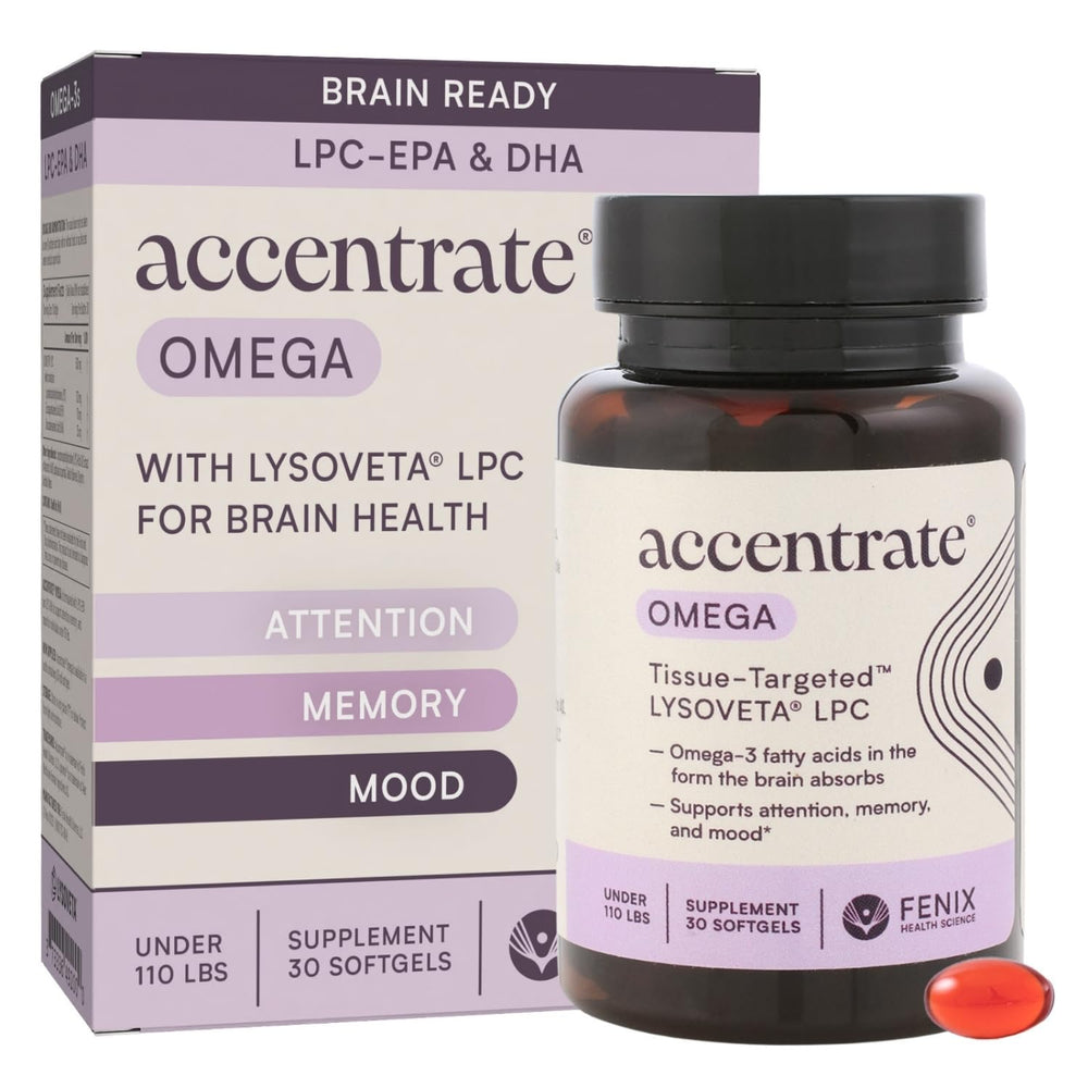 Accentrate Omega w/ LYSOVETA LPC bottle shows brain-absorption focus.