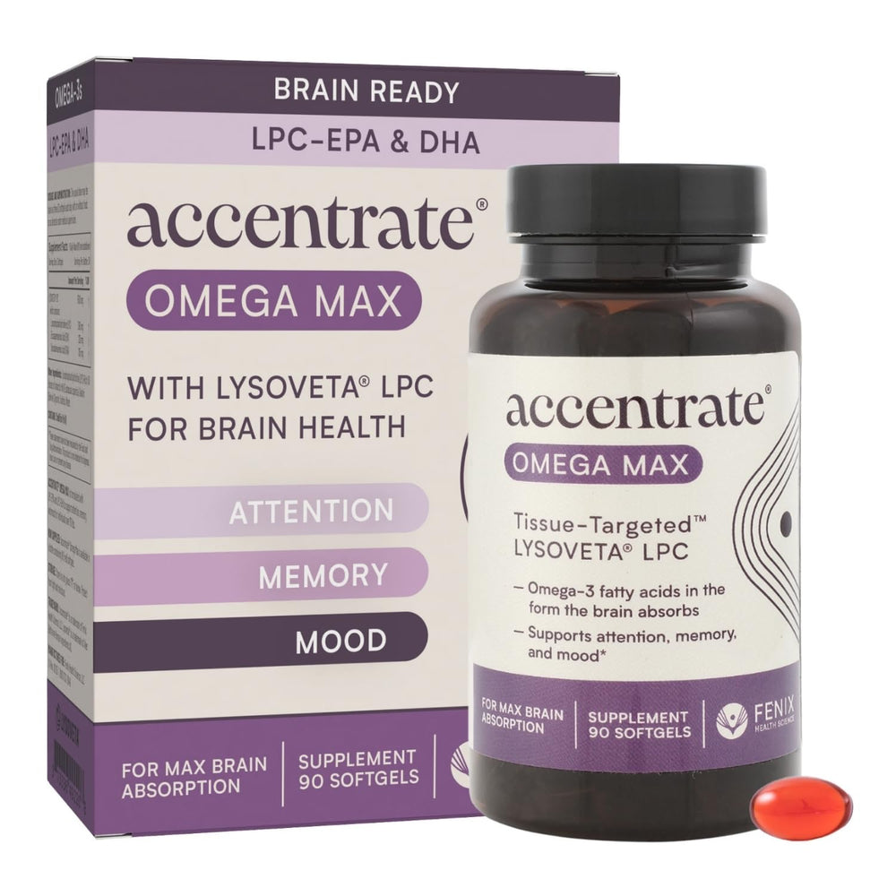 Accentrate Omega Max bottle front view highlighting premium LPC-DHA formula for brain support.