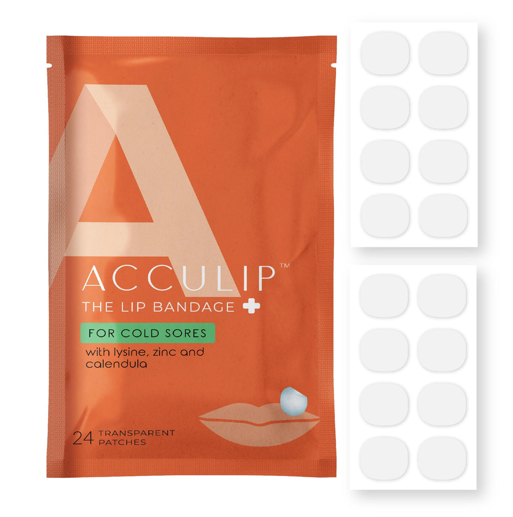 Acculip cold-sore patch packaging shows a discreet, portable lip treatment