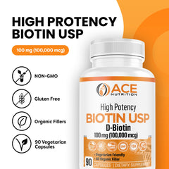 Close-up of Biotin 100mg capsules label