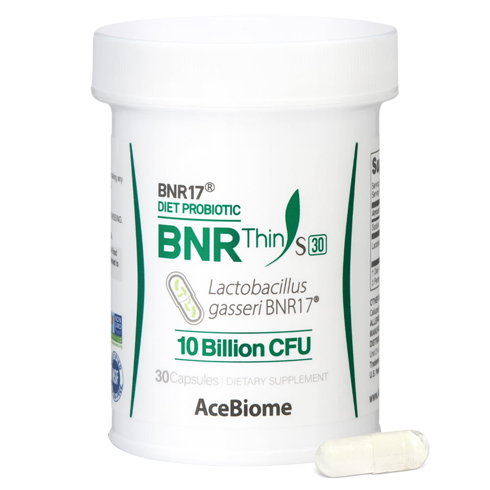 AceBiome BNRThin S30 bottle front with 30 capsules for daily gut balance.