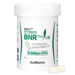 AceBiome BNRThin S30 bottle front with 30 capsules for daily gut balance.