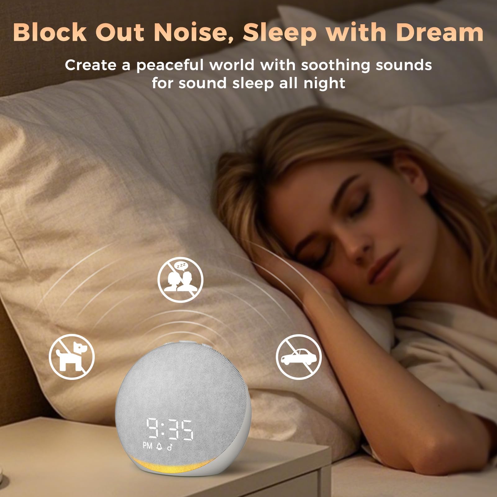 Acedeck gentle wake-up scene with soft alarm cues in a calm bedroom.